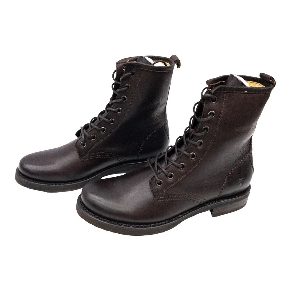 Frye Dark Brown Veronica Leather Lace Up Heeled Combat Boots 7.5 - Picture 5 of 12